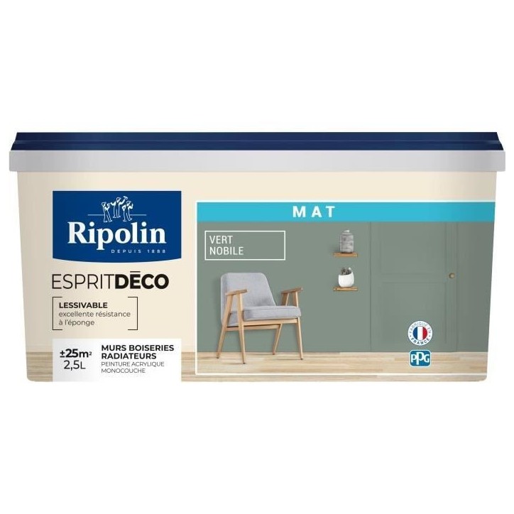 Peinture de décoration murale intérieure - Vert nobile mat - RIPOLIN - 2,5 L Peinture de décoration murale intérieure - Vert nobile mat - RIPOLIN - 2,5 L