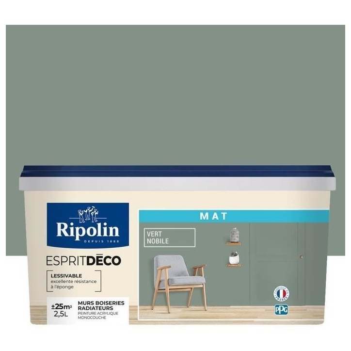 Peinture de décoration murale intérieure - Vert nobile mat - RIPOLIN - 2,5 L Peinture de décoration murale intérieure - Vert nobile mat - RIPOLIN - 2,5 L