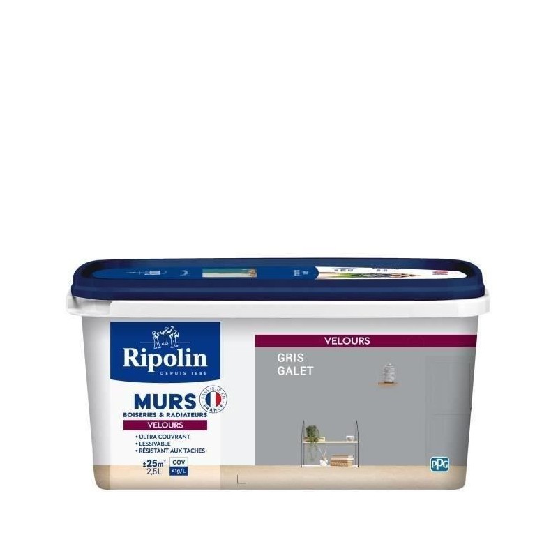 RIPOLIN Peinture Couleur Velours pour Murs, Boiseries Radiateurs - Gri RIPOLIN Peinture Couleur Velours pour Murs, Boiseries Radiateurs - Gri