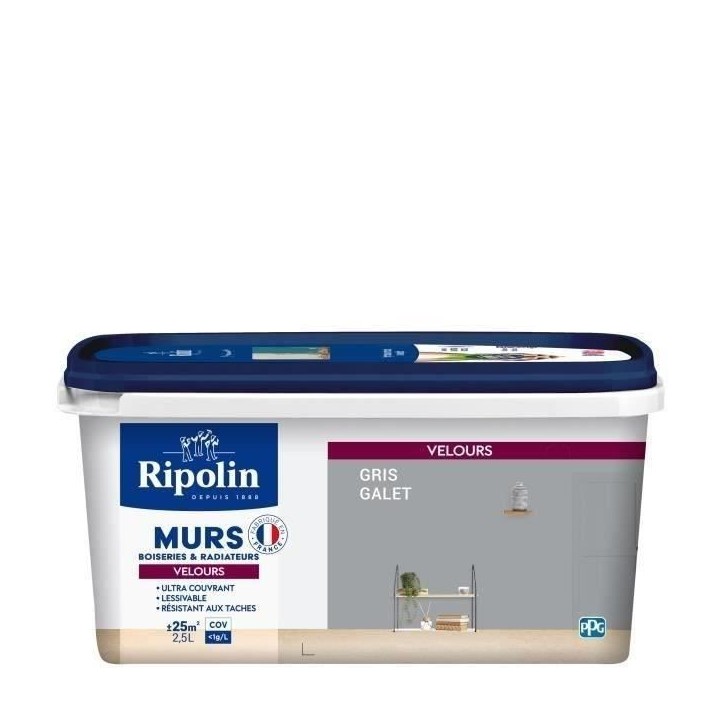 RIPOLIN Peinture Couleur Velours pour Murs, Boiseries Radiateurs - Gris galet RIPOLIN Peinture Couleur Velours pour Murs, Boiseries Radiateurs - Gris galet