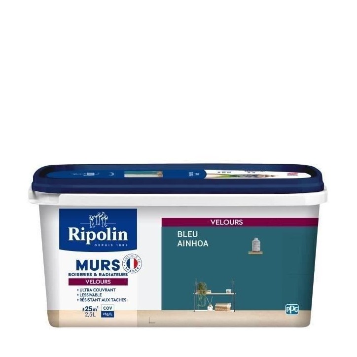 RIPOLIN Peinture Couleur Velours pour Murs, Boiseries Radiateurs - Bleu Ainhoa RIPOLIN Peinture Couleur Velours pour Murs, Boiseries Radiateurs - Bleu Ainhoa