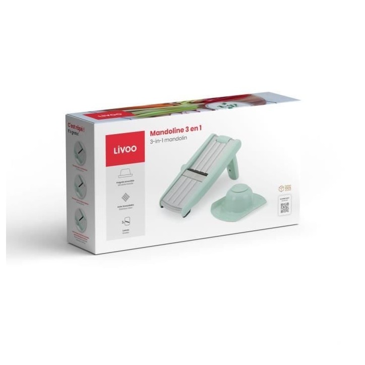 Mandoline 3 en 1 - LIVOO - MEN429 - Acier inoxydable - 3 a 9 mm - Poignée amovible - Poussoir avec piques - Pieds antidérapant