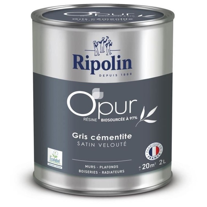 Peinture O'PUR murs, boiseries & radiateurs - RIPOLIN - 472185 - Gris cementite - Satin veloute - 2 L Peinture O'PUR murs, boiseries & radiateurs - RIPOLIN - 472185 - Gris cementite - Satin veloute - 2 L