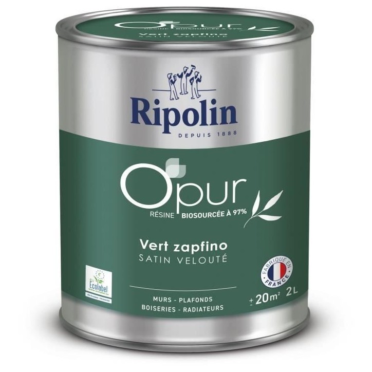 Peinture O'PUR murs, boiseries & radiateurs - RIPOLIN - 472187 - Vert zapfino - Satin veloute - 2 L Peinture O'PUR murs, boiseries & radiateurs - RIPOLIN - 472187 - Vert zapfino - Satin veloute - 2 L