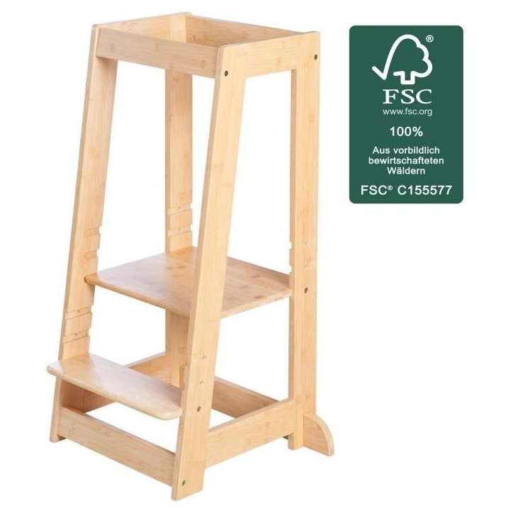 Tour d'apprentissage Montessori - ROBA - Bambou Certifié FSC - Réglable sur 3 niveaux de hauteur - Jusqu'a 80 Kg - Naturel