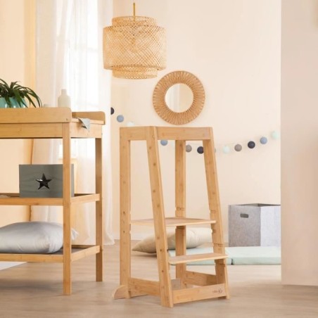 Tour d'apprentissage Montessori - ROBA - Bambou Certifié FSC - Réglable sur 3 niveaux de hauteur - Jusqu'a 80 Kg - Naturel