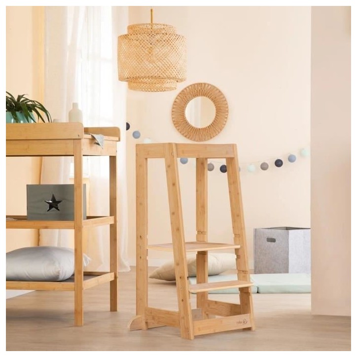 Tour d'apprentissage Montessori - ROBA - Bambou Certifié FSC - Réglable sur 3 niveaux de hauteur - Jusqu'a 80 Kg - Naturel
