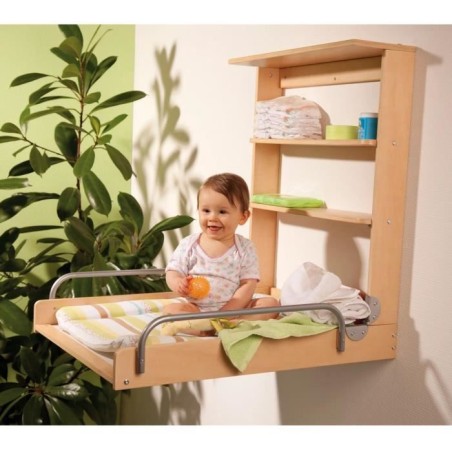 Table a langer murale rabattable - ROBA - DSCHUNGELBABY - Matelas rayé multicolore inclus - 2 Étageres intégrées - Bois Natu