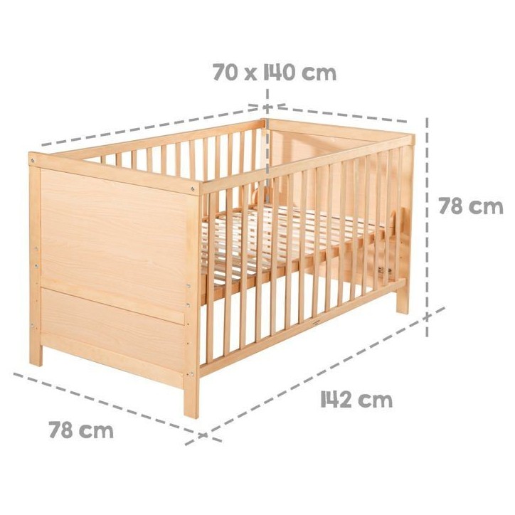 Lit Bébé Évolutif 70x140 - ROBA - Réglable en Hauteur - 3 Barreaux Amovibles - Coins de Transformation Inclus - Bois Naturel Lit Bébé Évolutif 70x140 - ROBA - Réglable en Hauteur - 3 Barreaux Amovibles - Coins de Transformation Inclus - Bois Naturel