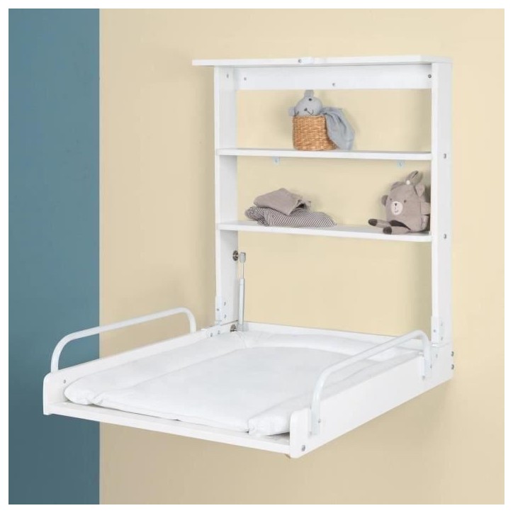 Table a langer murale rabattable - ROBA - Matelas imperméable inclus - 2 Étageres intégrées - Bois Laqué Blanc Table a langer murale rabattable - ROBA - Matelas imperméable inclus - 2 Étageres intégrées - Bois Laqué Blanc