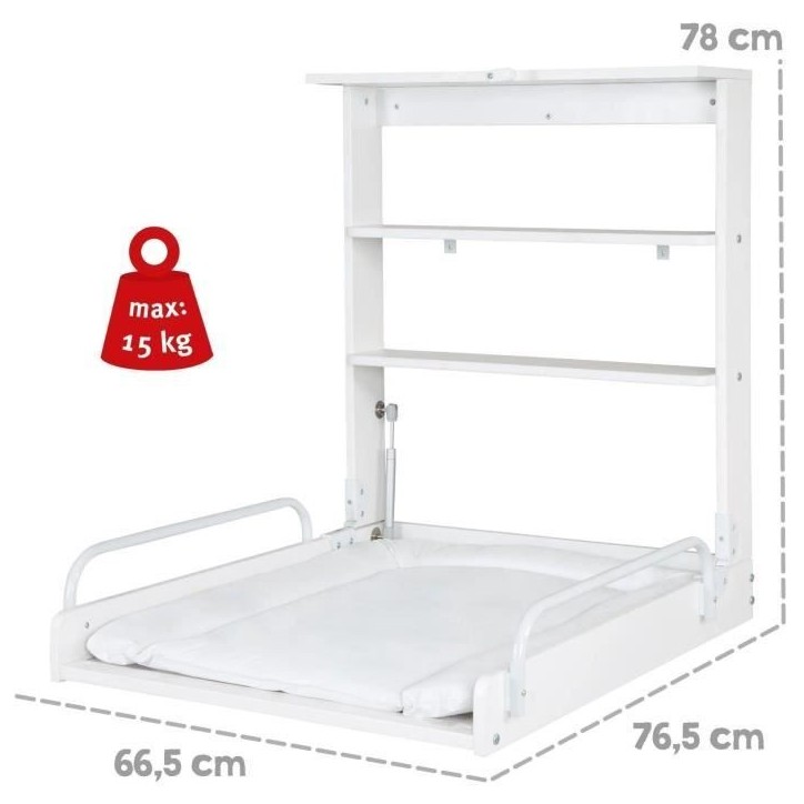 Table a langer murale rabattable - ROBA - Matelas imperméable inclus - 2 Étageres intégrées - Bois Laqué Blanc Table a langer murale rabattable - ROBA - Matelas imperméable inclus - 2 Étageres intégrées - Bois Laqué Blanc