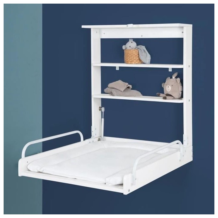 Table a langer murale rabattable - ROBA - Matelas imperméable inclus - 2 Étageres intégrées - Bois Laqué Blanc Table a langer murale rabattable - ROBA - Matelas imperméable inclus - 2 Étageres intégrées - Bois Laqué Blanc