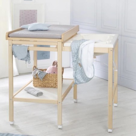 Table a langer avec baignoire coulissante - ROBA - Inclus matelas depérlant Roba style Gris - Tablette de rangement - Bois Natu