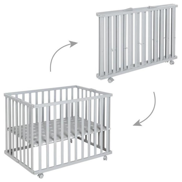 Parc bébé pliable - ROBA - LITTLE STARS - 75 x 100 cm - Hauteur réglable - 4 Roues freinées - Bois Laqué Gris Taupe - Motif Parc bébé pliable - ROBA - LITTLE STARS - 75 x 100 cm - Hauteur réglable - 4 Roues freinées - Bois Laqué Gris Taupe - Motif