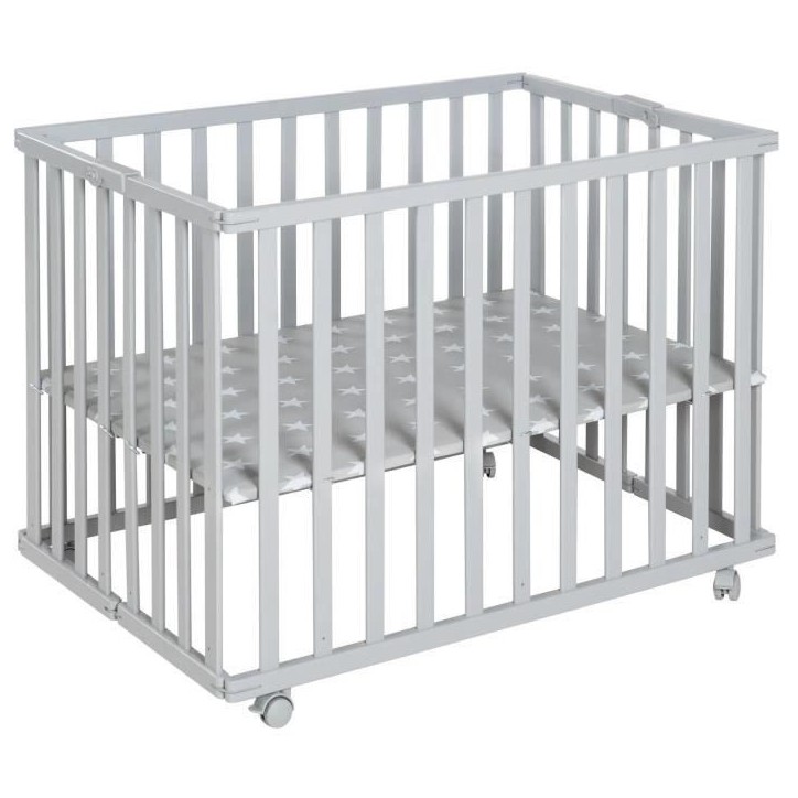 Parc bébé pliable - ROBA - LITTLE STARS - 75 x 100 cm - Hauteur réglable - 4 Roues freinées - Bois Laqué Gris Taupe - Motif Parc bébé pliable - ROBA - LITTLE STARS - 75 x 100 cm - Hauteur réglable - 4 Roues freinées - Bois Laqué Gris Taupe - Motif