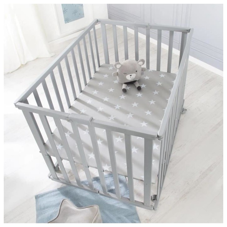 Parc bébé pliable - ROBA - LITTLE STARS - 75 x 100 cm - Hauteur réglable - 4 Roues freinées - Bois Laqué Gris Taupe - Motif Parc bébé pliable - ROBA - LITTLE STARS - 75 x 100 cm - Hauteur réglable - 4 Roues freinées - Bois Laqué Gris Taupe - Motif