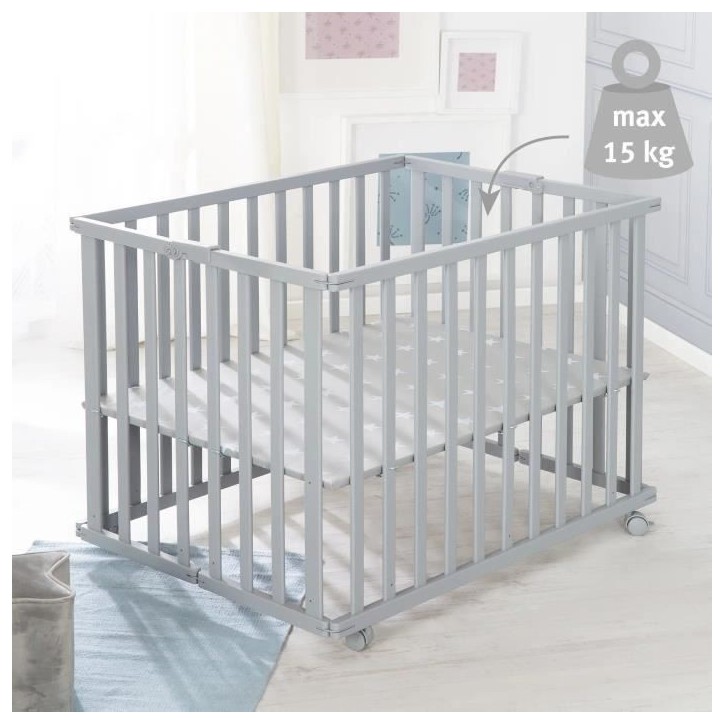 Parc bébé pliable - ROBA - LITTLE STARS - 75 x 100 cm - Hauteur réglable - 4 Roues freinées - Bois Laqué Gris Taupe - Motif Parc bébé pliable - ROBA - LITTLE STARS - 75 x 100 cm - Hauteur réglable - 4 Roues freinées - Bois Laqué Gris Taupe - Motif