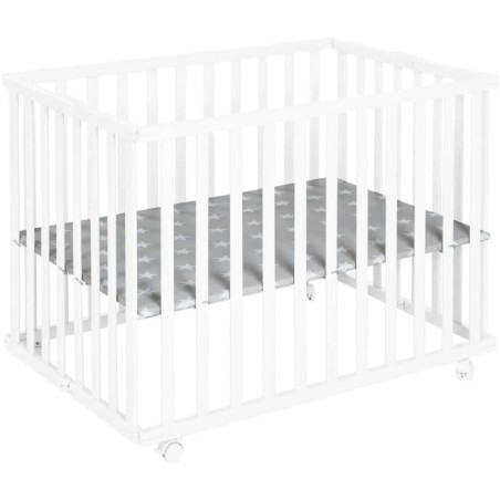 Parc bébé pliable - ROBA - LITTLE STARS - 75 x 100 cm - Réglable en hauteur - 4 Roues freinées - Bois Laqué Blanc - Motif
