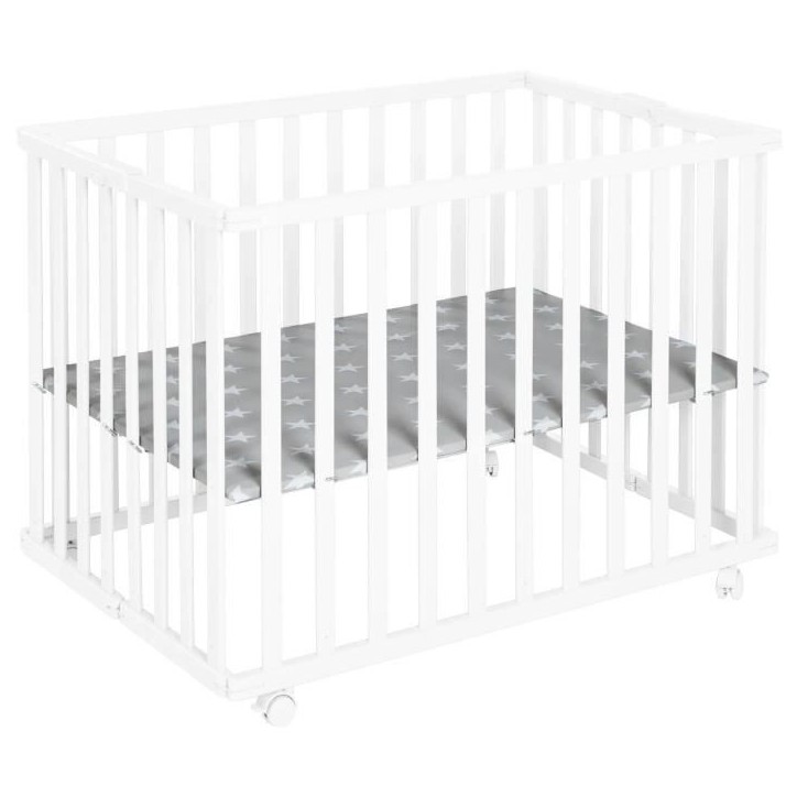 Parc bébé pliable - ROBA - LITTLE STARS - 75 x 100 cm - Réglable en hauteur - 4 Roues freinées - Bois Laqué Blanc - Motif Parc bébé pliable - ROBA - LITTLE STARS - 75 x 100 cm - Réglable en hauteur - 4 Roues freinées - Bois Laqué Blanc - Motif