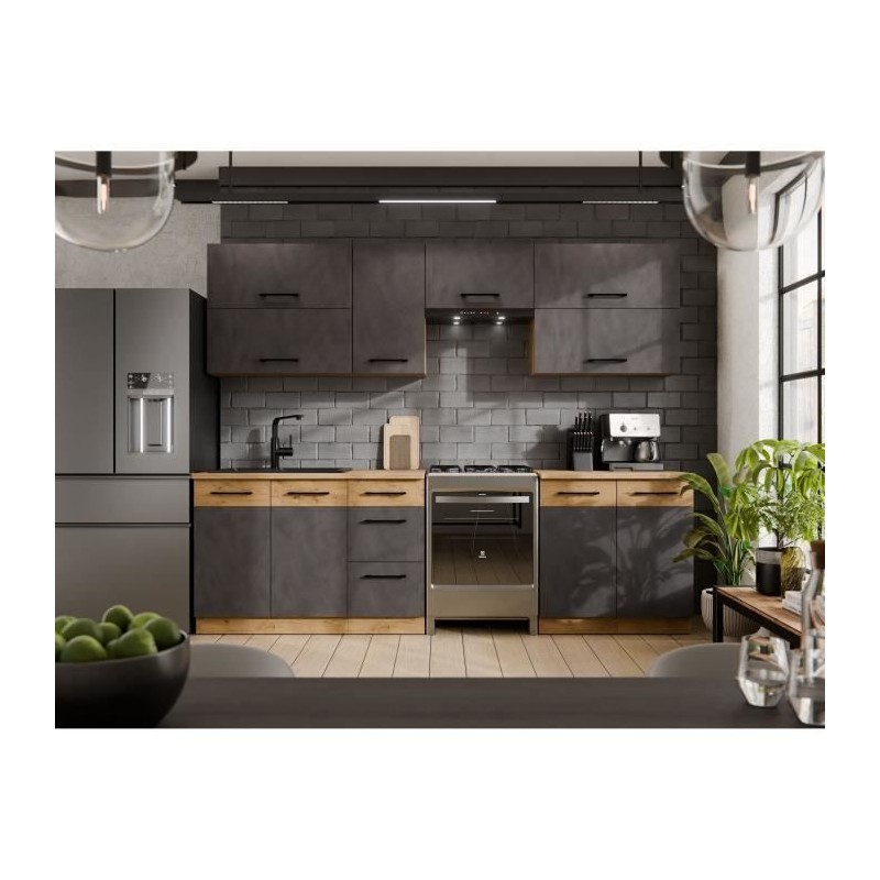 Cuisine complete ROCK 7 éléments - Décor chene lancelot et gris mat Cuisine complete ROCK 7 éléments - Décor chene lancelot et gris mat