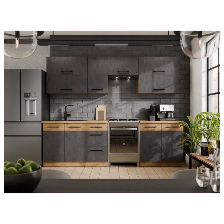 Cuisine complete ROCK 7 éléments - Décor chene lancelot et gris matera - L260 x P 52 x H82 cm - Plan de travail non inclus Cuisine complete ROCK 7 éléments - Décor chene lancelot et gris matera - L260 x P 52 x H82 cm - Plan de travail non inclus