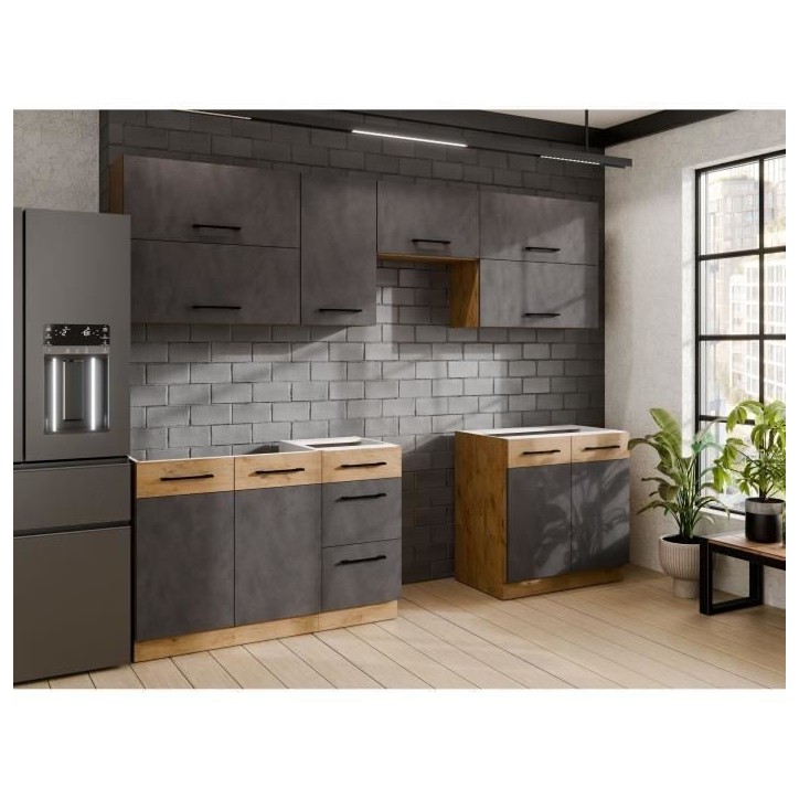 Cuisine complete ROCK 7 éléments - Décor chene lancelot et gris matera - L260 x P 52 x H82 cm - Plan de travail non inclus Cuisine complete ROCK 7 éléments - Décor chene lancelot et gris matera - L260 x P 52 x H82 cm - Plan de travail non inclus
