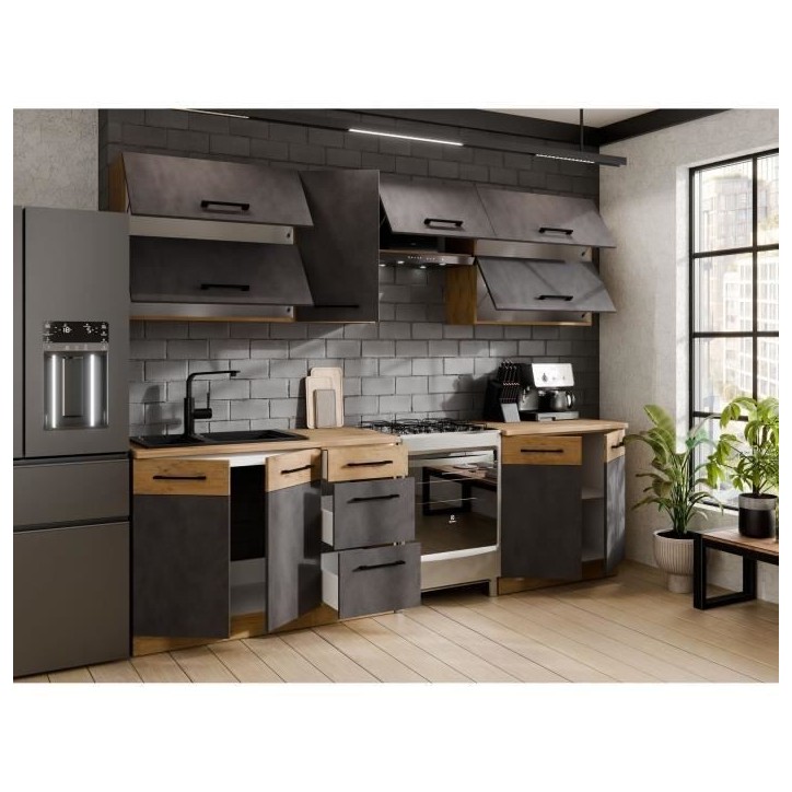 Cuisine complete ROCK 7 éléments - Décor chene lancelot et gris matera - L260 x P 52 x H82 cm - Plan de travail non inclus Cuisine complete ROCK 7 éléments - Décor chene lancelot et gris matera - L260 x P 52 x H82 cm - Plan de travail non inclus