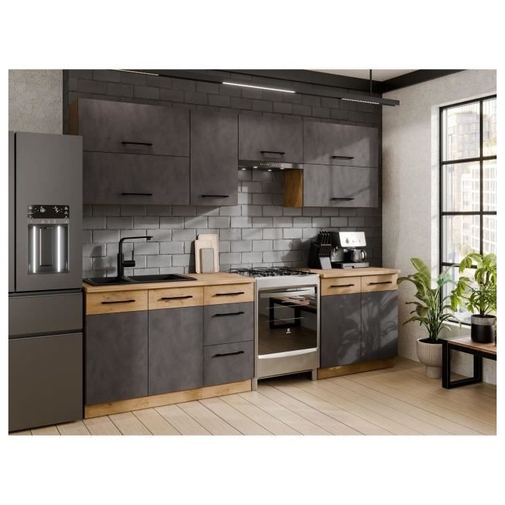 Cuisine complete ROCK 7 éléments - Décor chene lancelot et gris matera - L260 x P 52 x H82 cm - Plan de travail non inclus Cuisine complete ROCK 7 éléments - Décor chene lancelot et gris matera - L260 x P 52 x H82 cm - Plan de travail non inclus