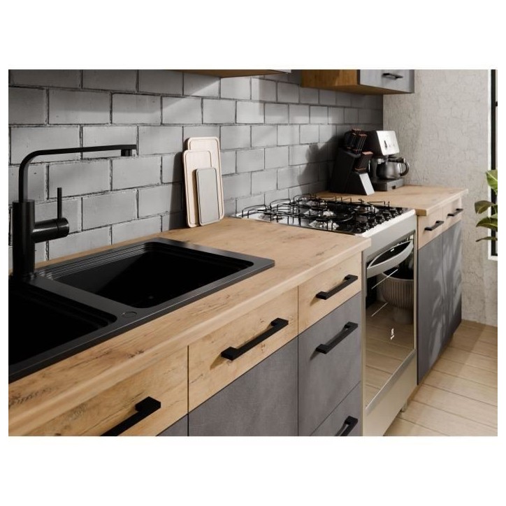 Cuisine complete ROCK 7 éléments - Décor chene lancelot et gris matera - L260 x P 52 x H82 cm - Plan de travail non inclus Cuisine complete ROCK 7 éléments - Décor chene lancelot et gris matera - L260 x P 52 x H82 cm - Plan de travail non inclus
