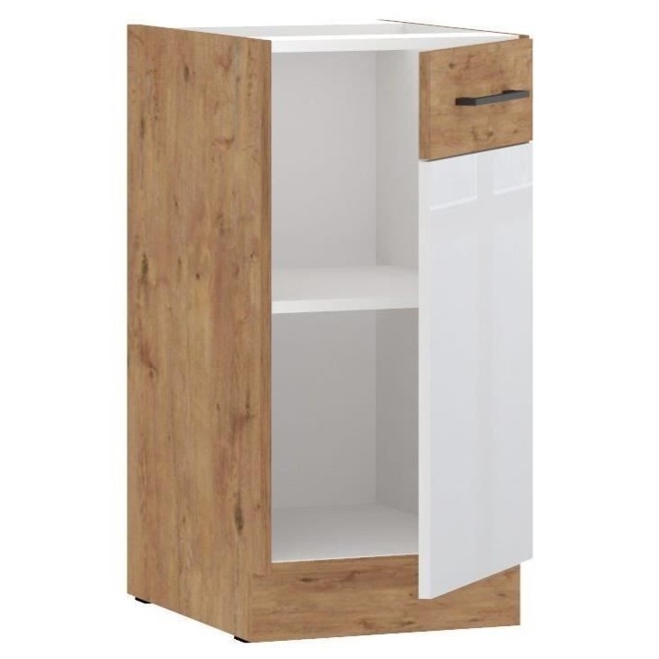 ROCK - Meuble haut - Mélaminé chene Lancelot et Blanc brillant - 40 cm - 1 porte battante