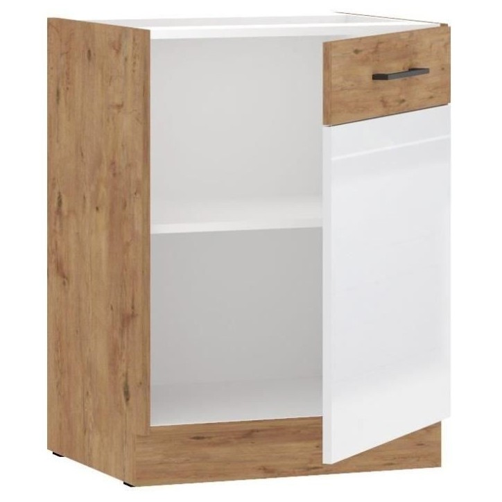 ROCK - Meuble bas - Mélaminé chene Lancelot et Blanc brillant - 60 cm - 1 porte battante - Plan de travail non inclus
