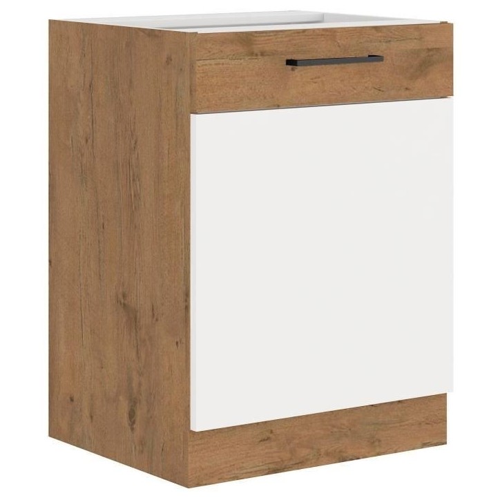 ROCK - Meuble bas - Mélaminé chene Lancelot et Blanc brillant - 60 cm - 1 porte battante - Plan de travail non inclus