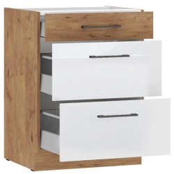 ROCK - Meuble bas casserolier - Mélaminé chene Lancelot et Blanc bri