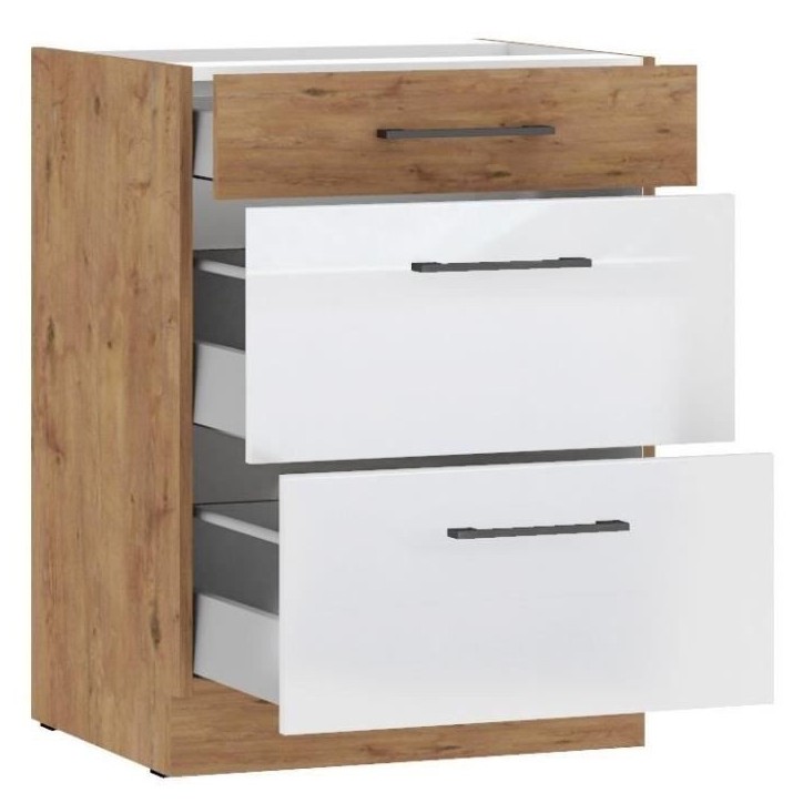ROCK - Meuble bas casserolier - Mélaminé chene Lancelot et Blanc brillant - 60 cm - 3 tiroirs - Plan de travail non inclus ROCK - Meuble bas casserolier - Mélaminé chene Lancelot et Blanc brillant - 60 cm - 3 tiroirs - Plan de travail non inclus