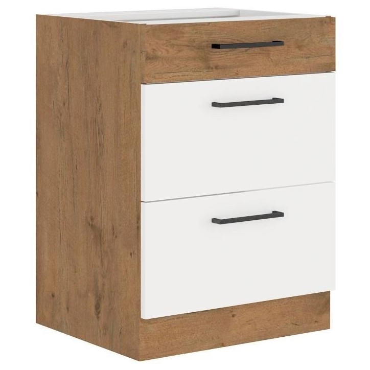 ROCK - Meuble bas casserolier - Mélaminé chene Lancelot et Blanc brillant - 60 cm - 3 tiroirs - Plan de travail non inclus ROCK - Meuble bas casserolier - Mélaminé chene Lancelot et Blanc brillant - 60 cm - 3 tiroirs - Plan de travail non inclus