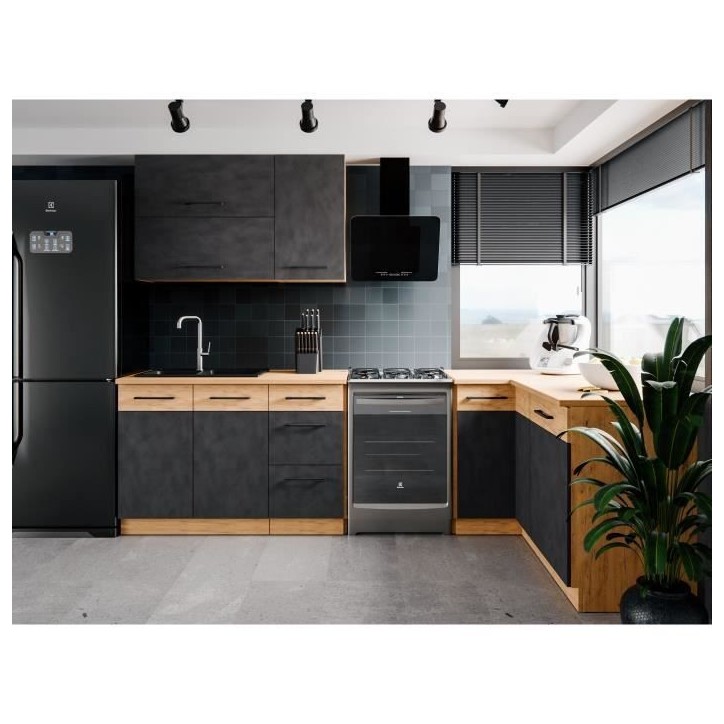 Cuisine complete d'angle ROCK 268 x 148 cm - Angle réversible - Décor chene et gris matera - Plan de travail non inclus
