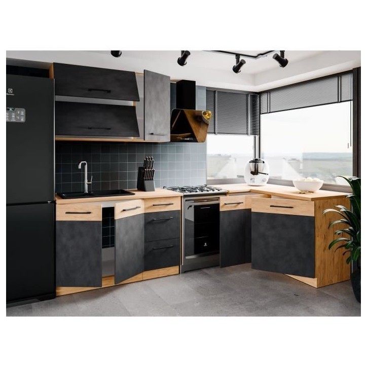 Cuisine complete d'angle ROCK 268 x 148 cm - Angle réversible - Décor chene et gris matera - Plan de travail non inclus