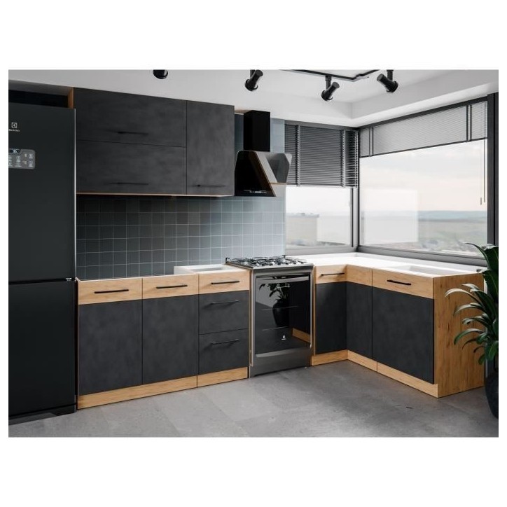 Cuisine complete d'angle ROCK 268 x 148 cm - Angle réversible - Décor chene et gris matera - Plan de travail non inclus