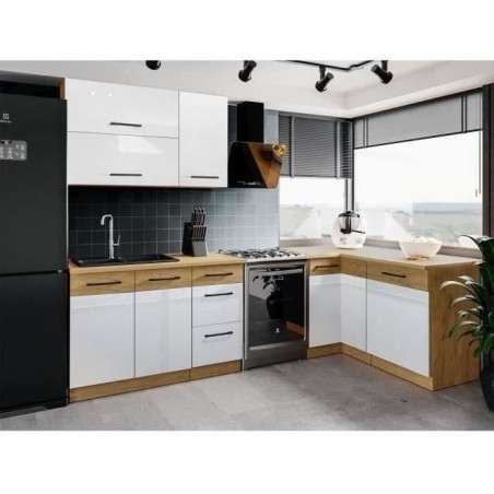 ROCK - Cuisine complete d'angle - Mélaminé chene Lancelot et Gris matera - 270 x 150 cm - Plan de travail non inclus