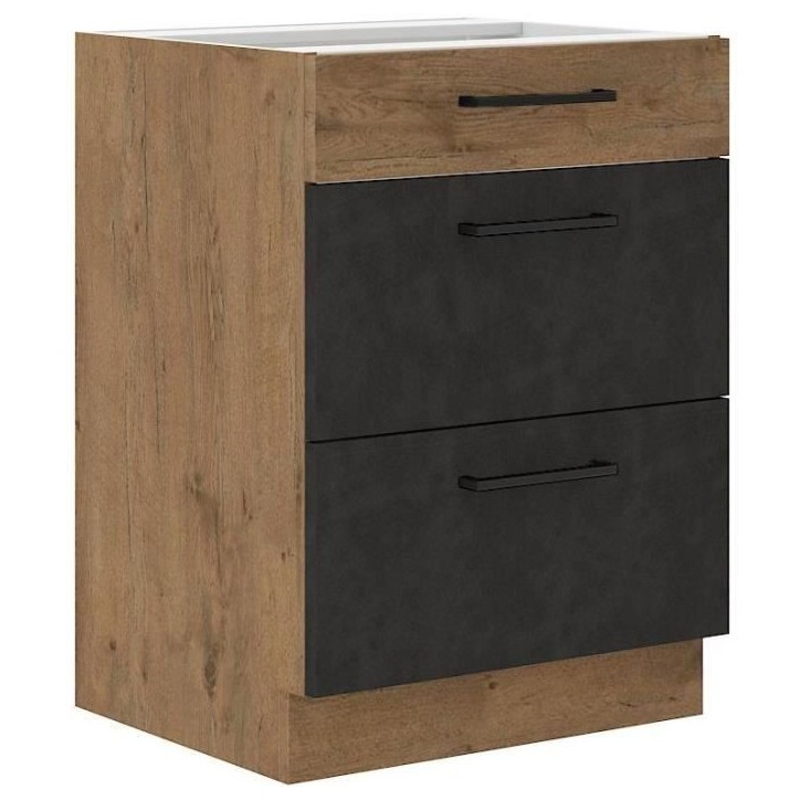 Meuble casserolier ROCK - Mélaminé décor chene lancelot et gris matera - 3 tiroirs - L60 x H82 cm Meuble casserolier ROCK - Mélaminé décor chene lancelot et gris matera - 3 tiroirs - L60 x H82 cm