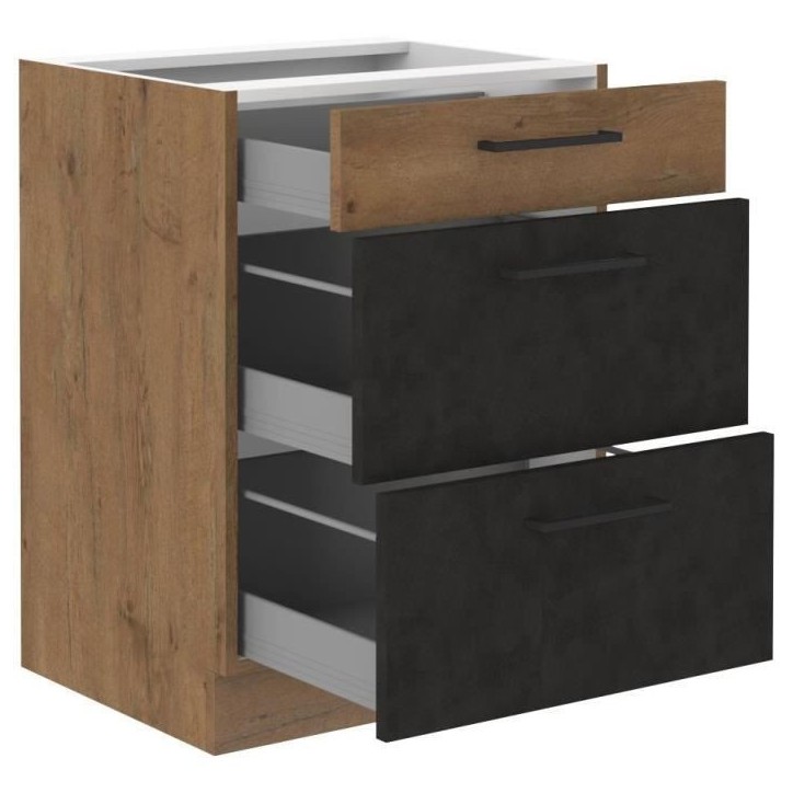 Meuble casserolier ROCK - Mélaminé décor chene lancelot et gris matera - 3 tiroirs - L60 x H82 cm Meuble casserolier ROCK - Mélaminé décor chene lancelot et gris matera - 3 tiroirs - L60 x H82 cm