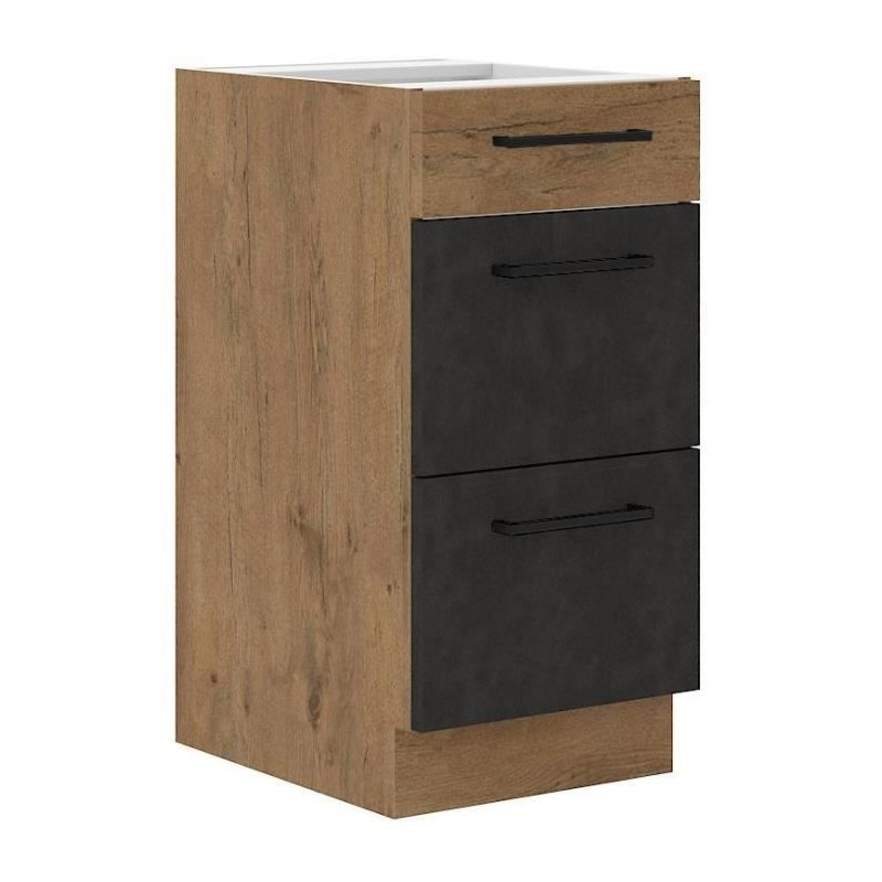 Meuble casserolier ROCK - 3 tiroirs - Chene Lancelot et gris matera - Meuble casserolier ROCK - 3 tiroirs - Chene Lancelot et gris matera -