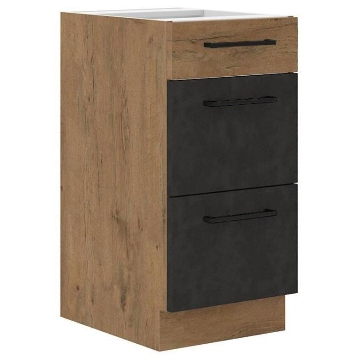 Meuble casserolier ROCK - 3 tiroirs - Chene Lancelot et gris matera - L40 x H82