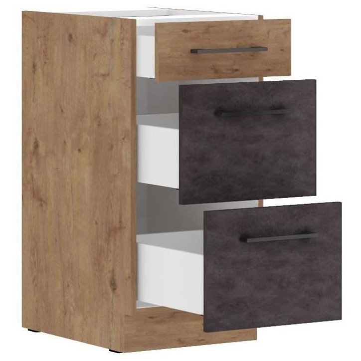 Meuble casserolier ROCK - 3 tiroirs - Chene Lancelot et gris matera - L40 x H82