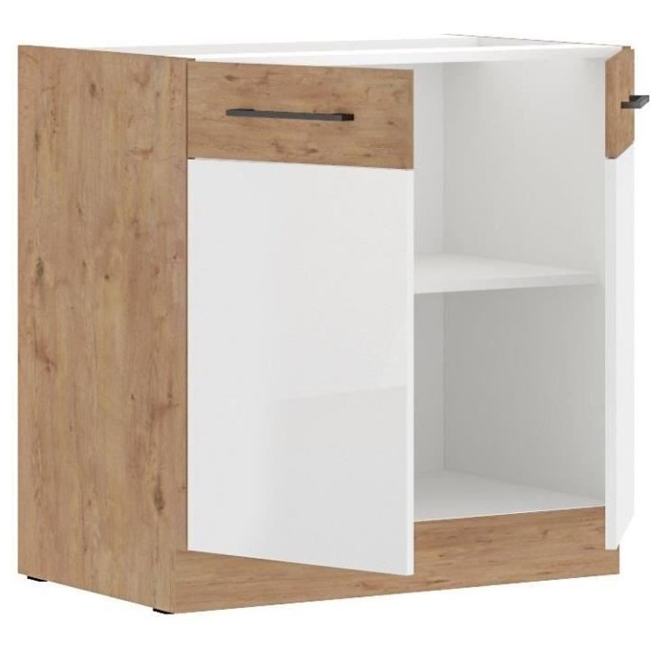 ROCK - Meuble bas - Mélaminé decor chene Lancelot et Blanc - 80 cm - 2 portes battantes - Plan de travail non inclus