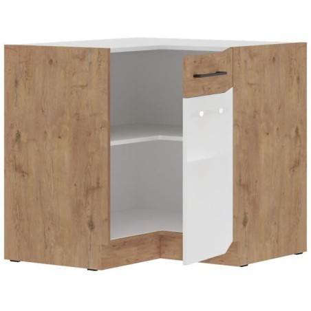 ROCK - Meuble bas d'angle - Mélaminé chene Lancelot et Blanc brillant - 89 x 89 cm - Plan de travail non inclus