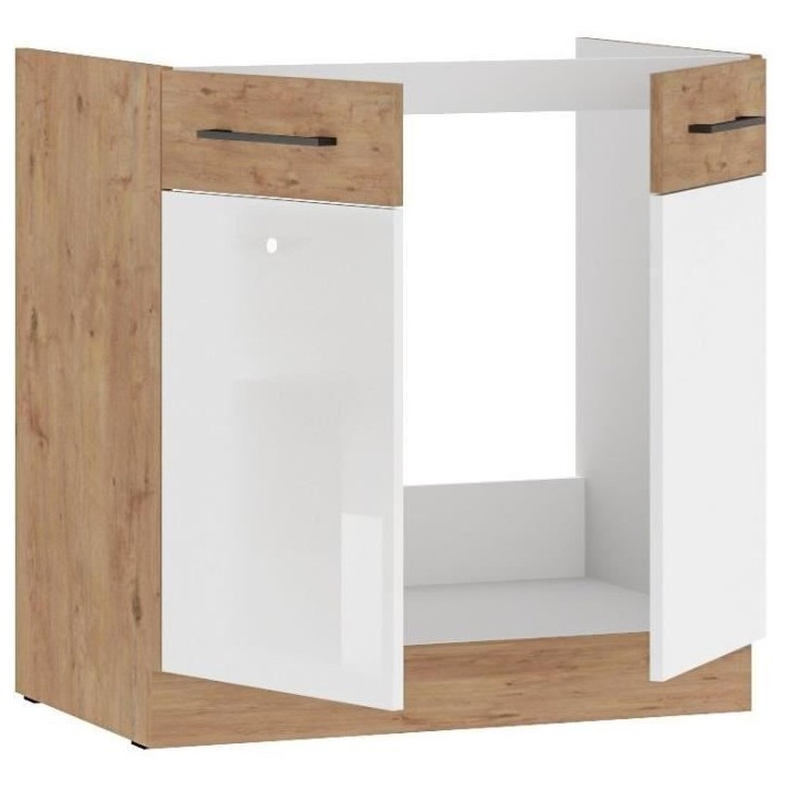 Rock - Meuble sous évier - Mélaminé chene Lancelot et Blanc brillant - 80 cm - 2 portes battantes - Plan de travail non inclu Rock - Meuble sous évier - Mélaminé chene Lancelot et Blanc brillant - 80 cm - 2 portes battantes - Plan de travail non inclu