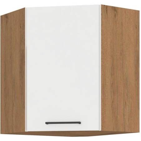 ROCK - Meuble haut d'angle - Mélaminé chene Lancelot et Blanc brillant - 58 x 58 cm