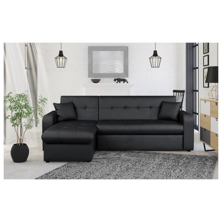 Canapé d'angle réversible convertible 3 places - Simili noir - Contemporain - L 235 x P 85 - 153 cm - ROMAN Canapé d'angle réversible convertible 3 places - Simili noir - Contemporain - L 235 x P 85 - 153 cm - ROMAN