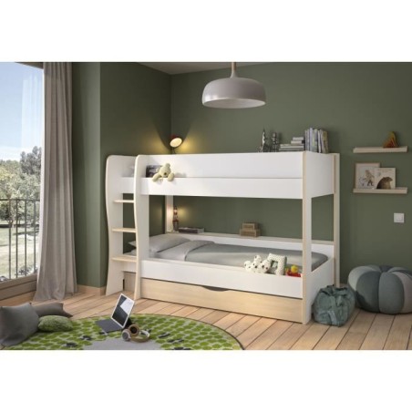 Lits superposés - Tiroir - ROOMY - Blanc / Chene naturel - GAMI